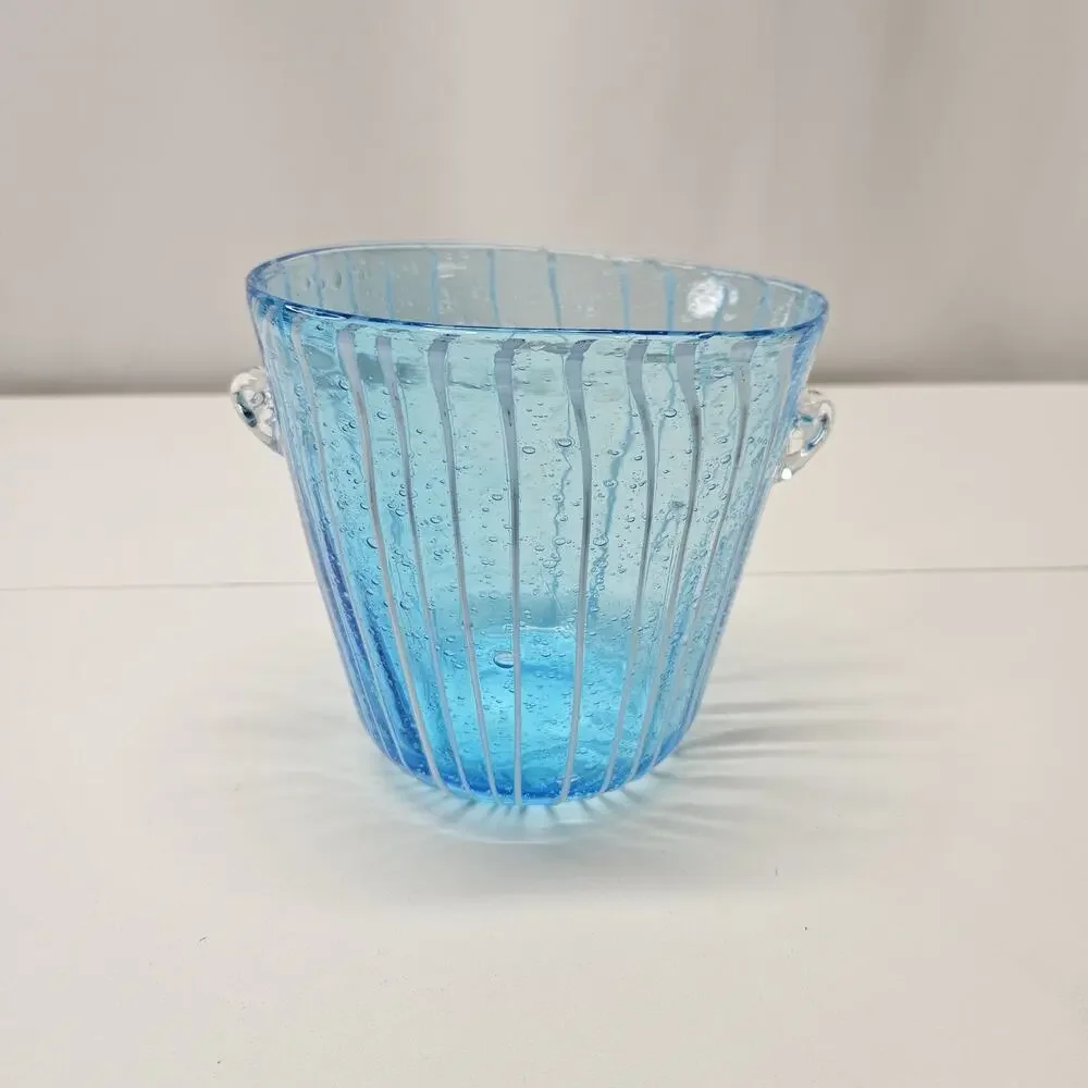 Murano Aqua Blue Art Glass Ice Bucket Bullicante Wine Chiller Coastal Decor
